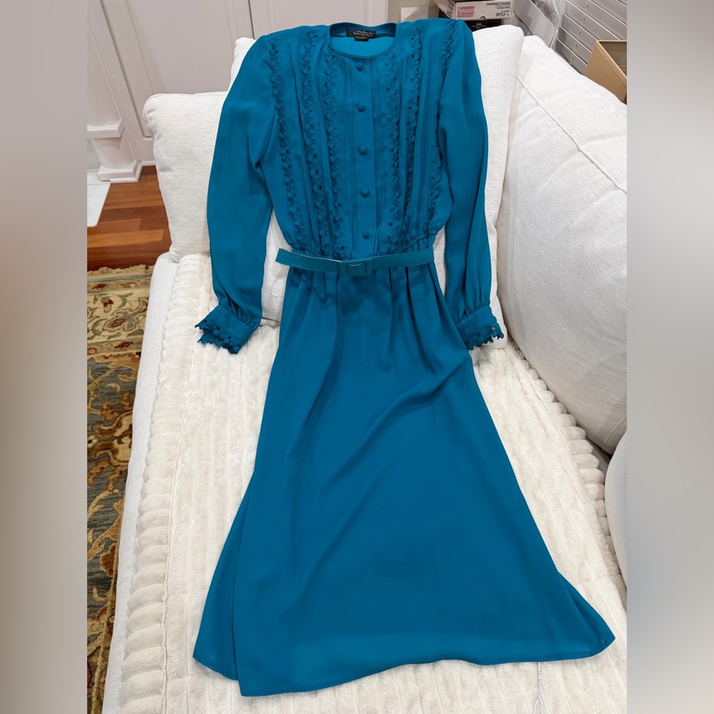 VINTAGE Billy Jack Teal Midi Dress Cottagecore Whimsigoth Eyelet boho 80s 90s M